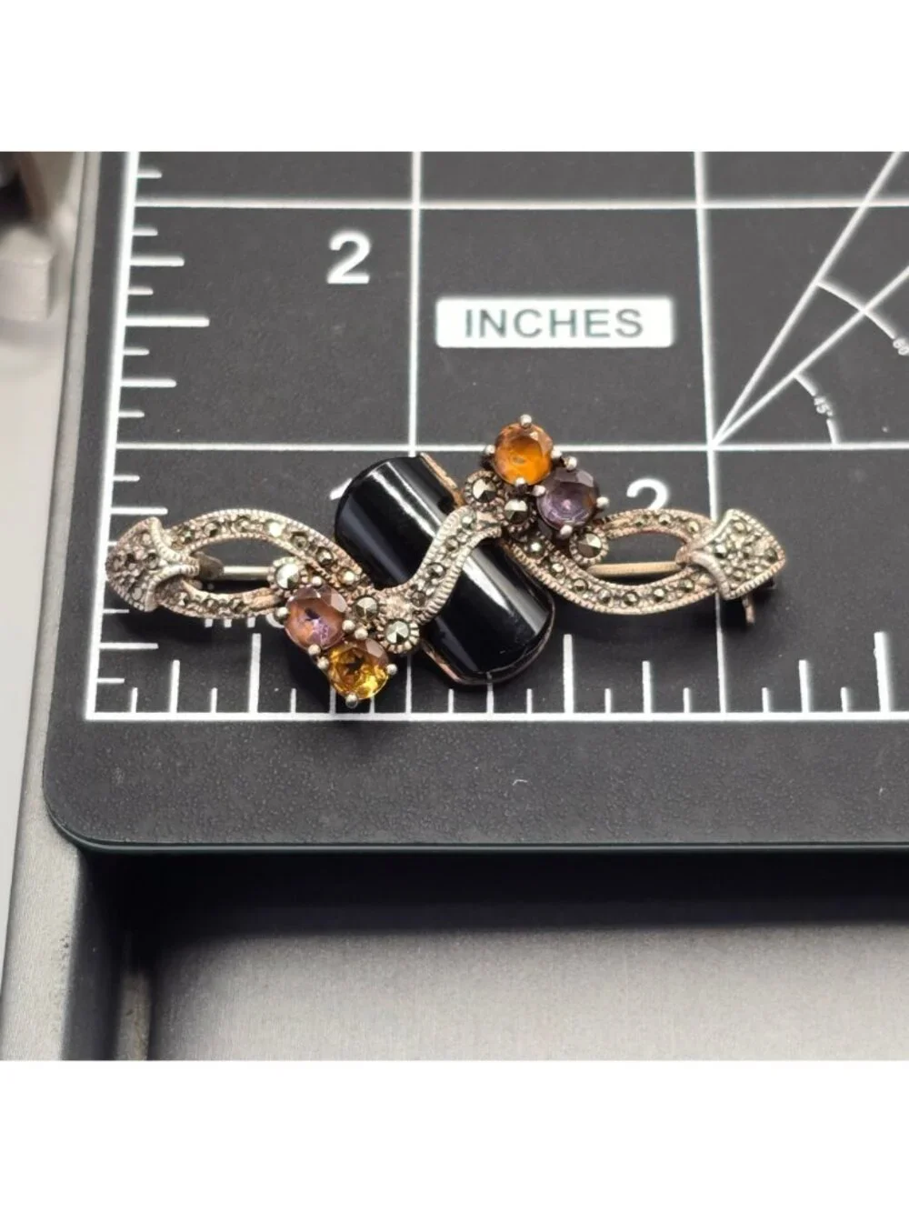 Art Deco Sterling Silver Onyx Amethyst Citrine Marcasite Brooch Vintage C Mark - Picture 9 of 15